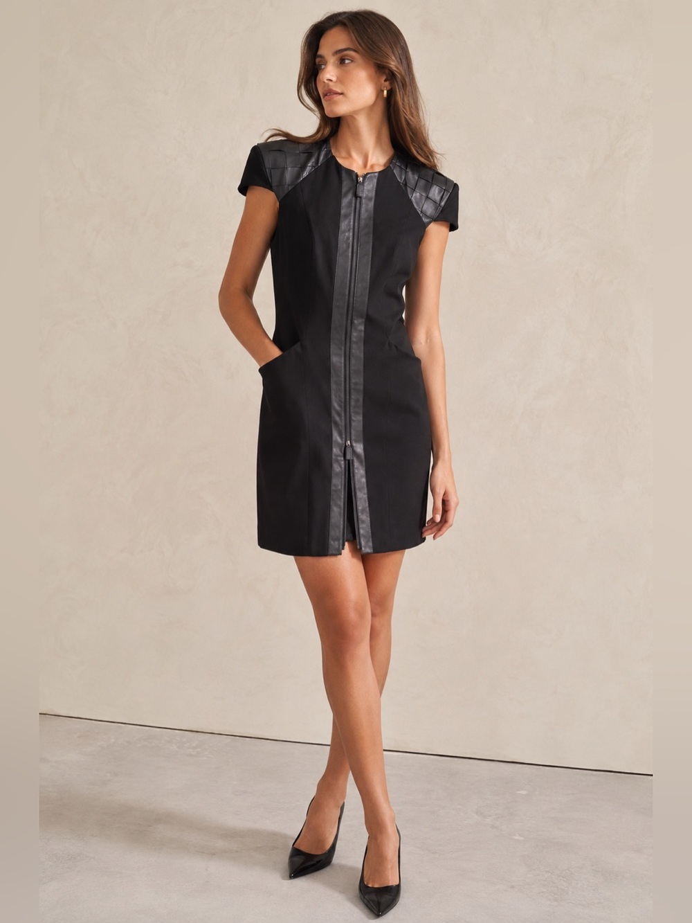 La Perla Black Leather Trim Structured Mini Dress